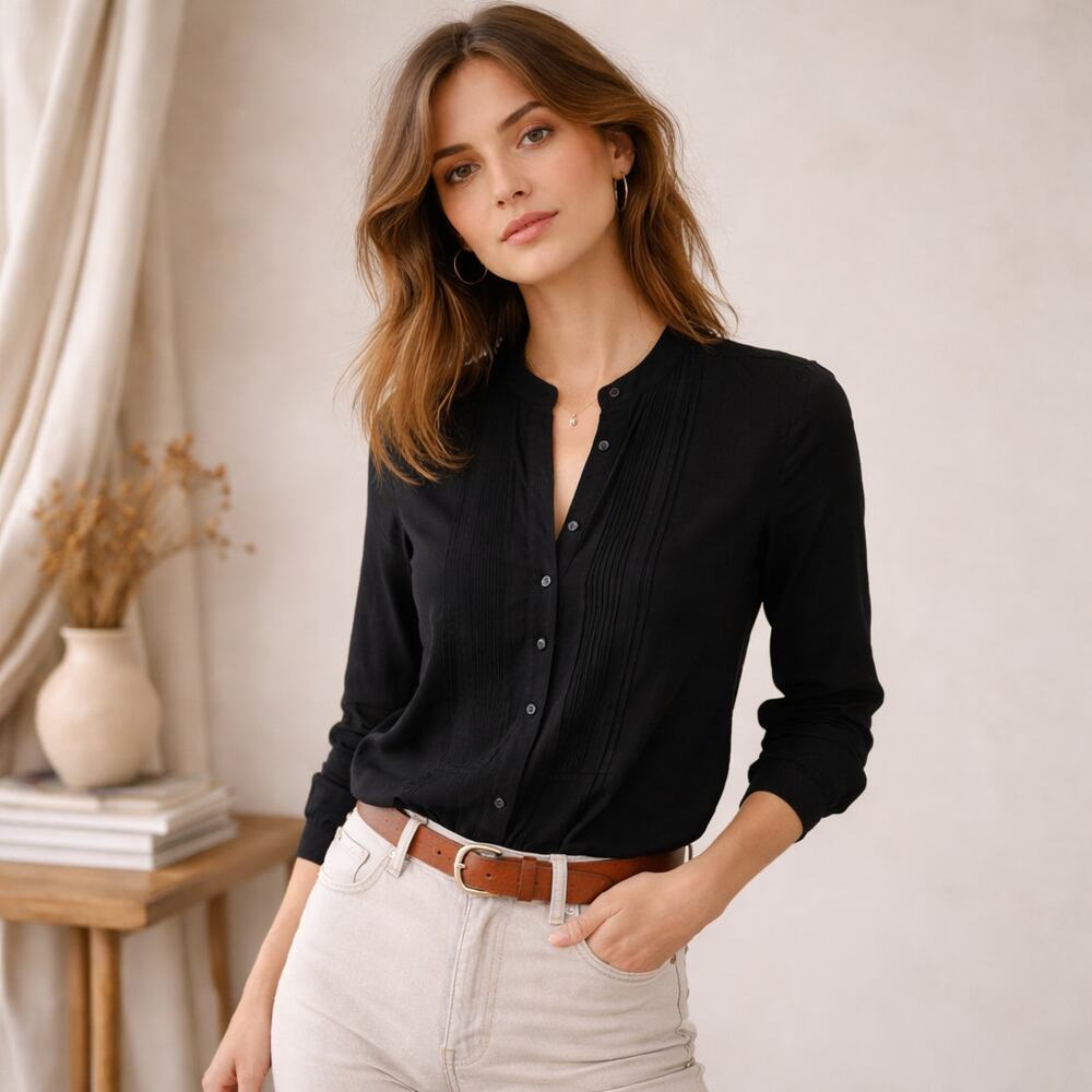 R Label The RESET Silk Pleated bib Blouse in Black Sz XS